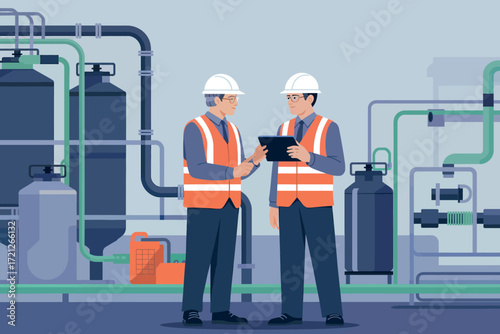 Industrial engineers collaborate on tablet reviewing plans in modern facility with pipes and tanks