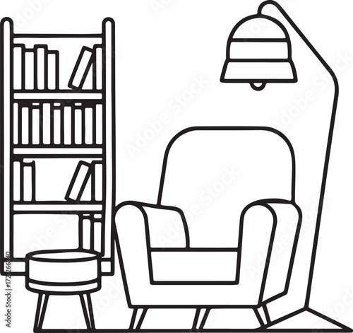modern reading corner with a stylish chair, standing floor lamp, and a tall bookshelf filled with books line art, coloring book page line art drawing, vector and illustration