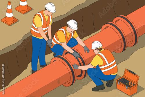 Construction crew working on large orange pipeline in trench with safety cones and equipment industrial project development