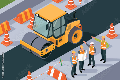 Construction crew and compactor machine working on road paving project city scene isometric view