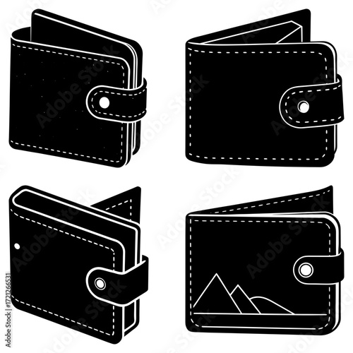 Collection of four black wallets with white stitching and button closures in various perspectives