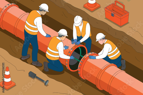 Construction crew working on large orange pipe in trench site with safety gear and orange cones symbolizing infrastructure development