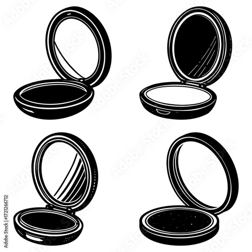 Four monochrome illustrations of open compact mirrors with varying contents and mirror reflections shown