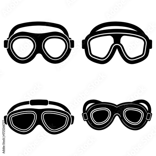 Four black and white goggles arranged in a square pattern with different styles and band placements shown