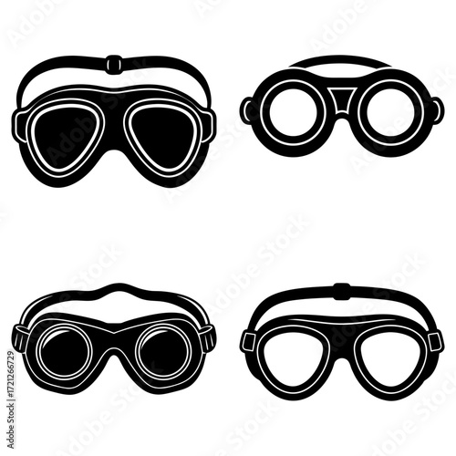 Four black and white goggles illustrations displayed on a white background in a square arrangement