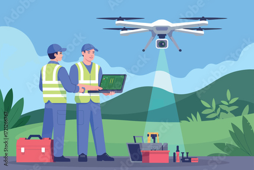 Drone technology survey with two technicians using laptop for aerial mapping and data collection in a scenic landscape