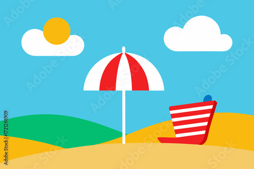 Bright sunny beach scene with umbrella and lounger under blue sky