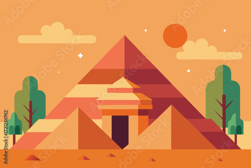 Stylized egyptian pyramid landscape with geometric trees and sun