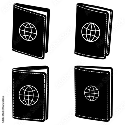 Four black passports with globe symbol in various states of opening and closing on a white background