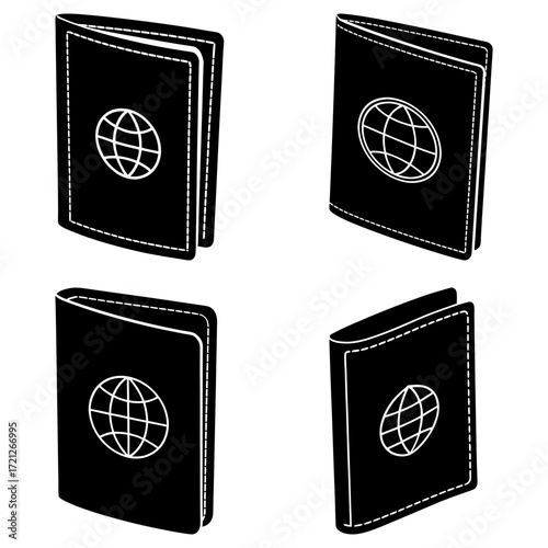 Four black passports with a white globe design on the cover in a simple line drawing style vector art