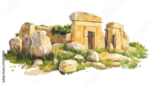 Ggantija Temples. Ggantija Temples watercolor vector illustration