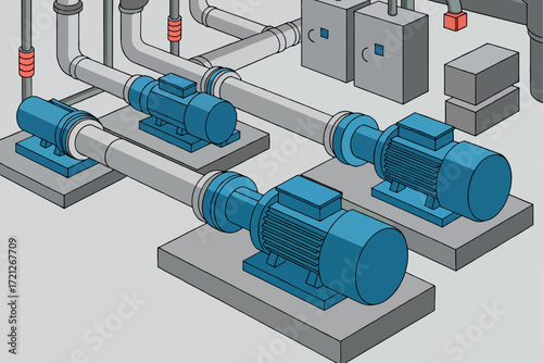 Industrial pump system with blue motors and piping machinery for water or fluid transfer mechanical engineering equipment