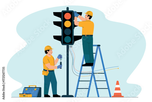 Traffic signal maintenance workers fixing traffic light system safety repair installation roadway control