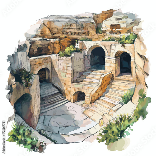 Hal Saflieni Hypogeum. Hal Saflieni Hypogeum watercolor vector illustration