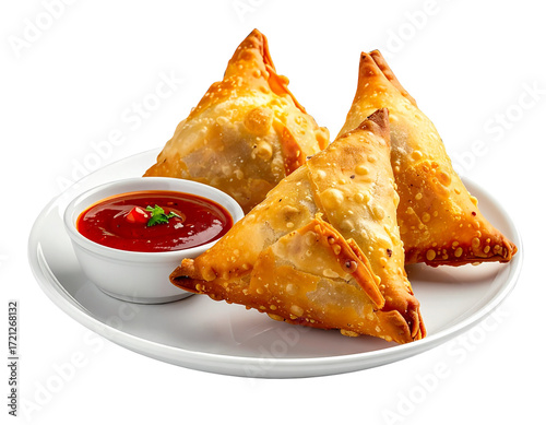 Indian vegetable samosa fried pastry with chutney festive snack for Diwali Holi Eid Navratri celebrations isolated on white background