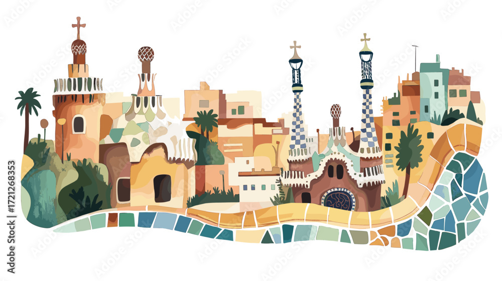 Naklejka premium Park Guell. Park Guell watercolor vector illustration