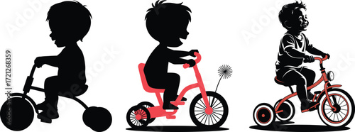 Three silhouettes of children riding tricycles on white