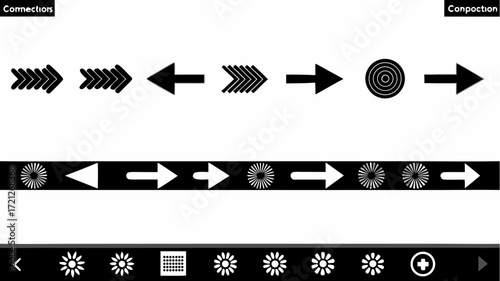 A collection of arrows pointing in different directions and circular designs in black and white colors | editable eps vectors silhouette