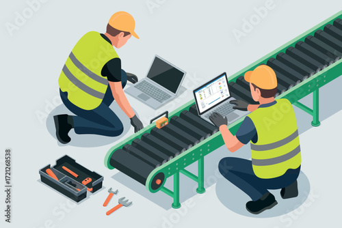 Factory workers monitoring conveyor belt system with laptops for quality control and operational efficiency in an industrial setting