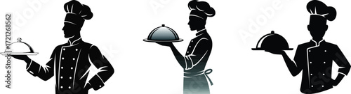 Three chef silhouettes holding covered dishes on white back