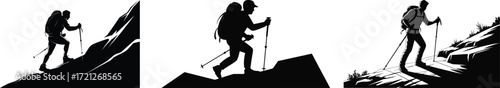 Silhouettes of hikers climbing mountains with trekking poles