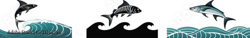 Three fish jumping over waves in different styles art