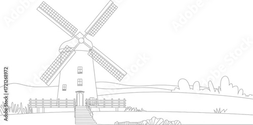 A windmill on a hill with a fence and stairs line drawing