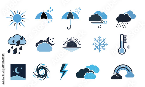 Weather forecast flat vector icons set. Collection of sun, cloud, rain, snow, storm, and temperature symbols isolated on a white background.