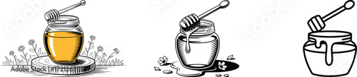 Honey jars with dippers in different artistic renderings