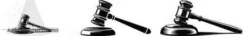 Three gavel illustrations in black and white variations