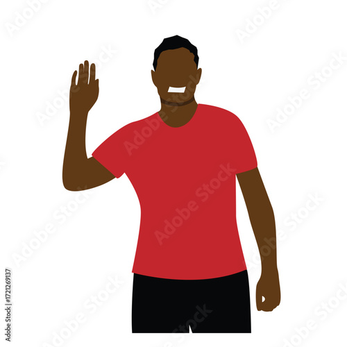 An African American Man Man Raising Hand and Smiling into the Camera. People and activity, ethnicity vector art