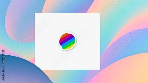 A white square with a colorful striped circle sticker on a pastel wavy background illustration