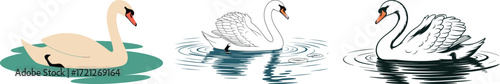 Three swans swimming in water in different art styles
