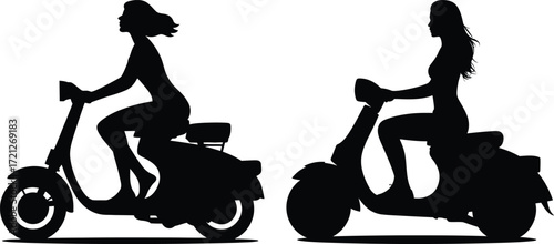 Two silhouettes of women riding scooters on white background