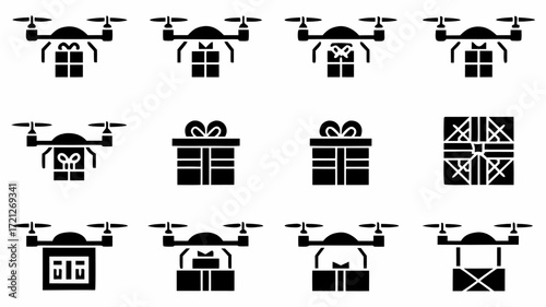 Collection of drone delivery icons showing different package types and drone designs in black color | editable eps vectors silhouette