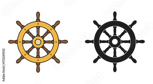 Two ship wheels are shown one colored and one in silhouette style