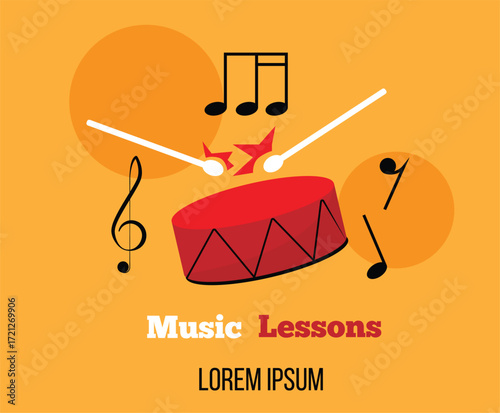 Music Lessons Idea with Drum and Sticks on Colorful Background. Learning art and entertainment industry vector art