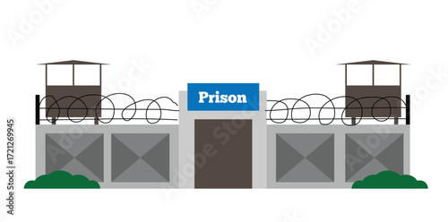 Prison Fence with Watchtowers and Barbed Wire. Buildings and architecture idea vector art
