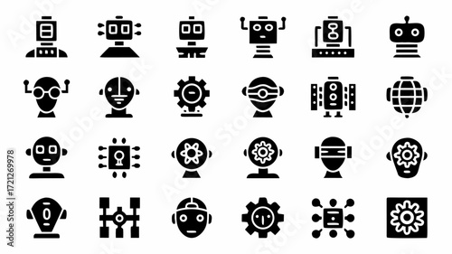 Illustration of various robot and ai icons featuring different designs and technological representations | editable eps vectors silhouette