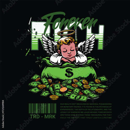 Cherubic Angel Asleep on Money Bag: Forever Rich Concept Illustration