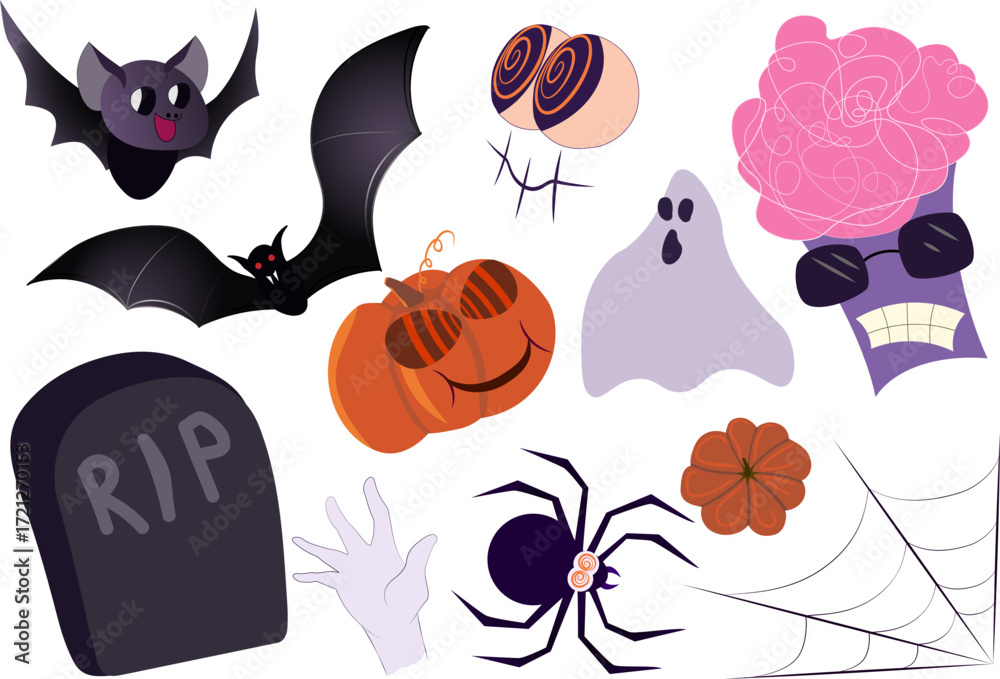 Fototapeta premium Clip art set of Halloween characters and icons, including bats, brain monster, zombie hand, tombstone, ghost, spider and a smiling pumpkin. Cartoon design, perfect for Halloween projects or stickers.