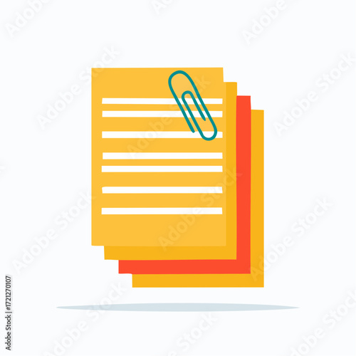 Paper and red document stack, illustration. Paperwork with a paper clip, in a minimalistic and clean design.