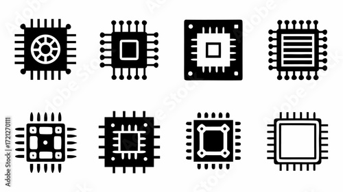 A collection of eight black and white computer chip icons displayed in two rows on a plain white background | editable eps vectors silhouette