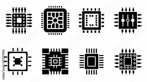 Illustration of eight different computer chips displayed in a grid format on a white background | editable eps vectors silhouette