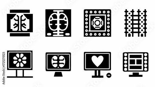 Collection of eight black and white icons featuring brains computers and circuit board designs shown | editable eps vectors silhouette
