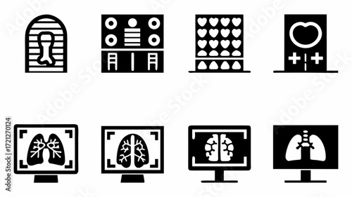 Collection of medical imaging icons depicting x rays and scans of bones lungs and other body parts seen on screens | editable eps vectors silhouette