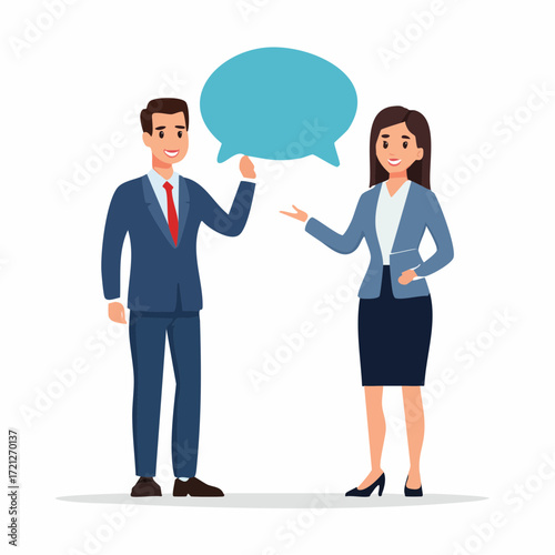 
A man and woman in business attire are talking, with a speech bubble over their heads. They appear to be discussing a business idea or plan.