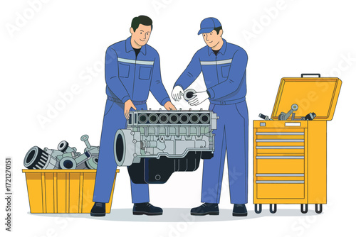 Skilled mechanics team working on car engine repair with tools and toolbox for automotive maintenance services
