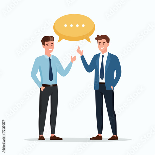 
A man and woman in business attire are talking, with a speech bubble over their heads. They appear to be discussing a business idea or plan.