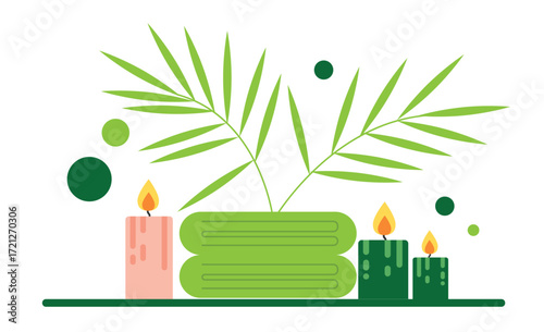 SPA Idea with Candles Towels and Palms Flat Style Isolated on White. Lifestyle and relaxation, health care vector art